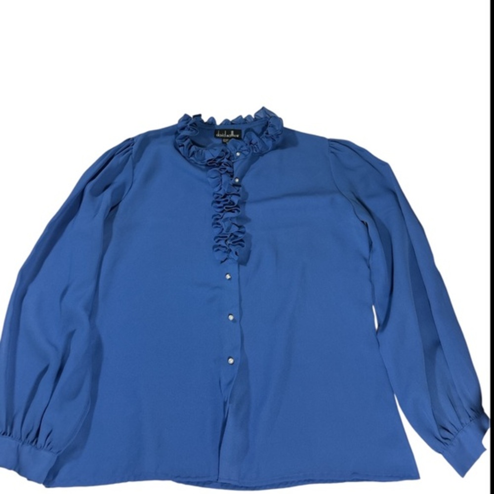 Rare Vintage David Matthew Royal Blue Ruffle Pearl Blouse‎ - Size M/L